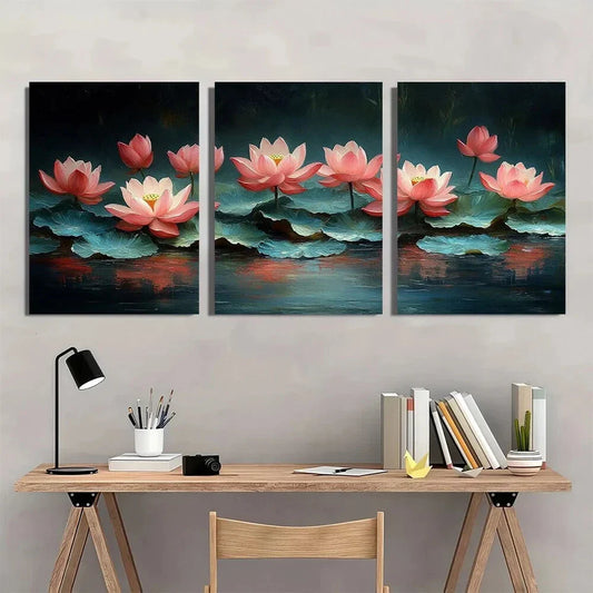3pcs Lotus Painting with Kits Flowers Metal Print Ready to Hang Art