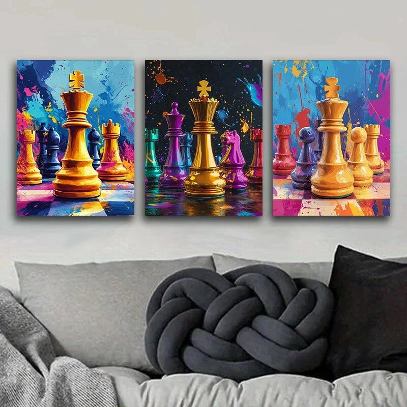 3pcs Colourful Chess Piece Measuring Featuring Metal Print Ready to Hang Art