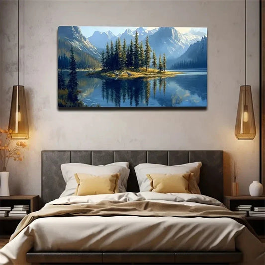 Serene Lake & Island Scene Wall Art Canvas Office Home Room Framed 120x60cm