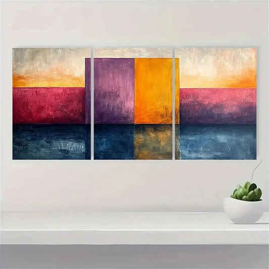 3pcs Abstract Oil Painting Color Block Pattern Metal Print Ready to Hang Art