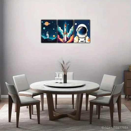 3pcs Vibrant Rocket Launch Astronauts and Planets Metal Print Ready to Hang Art