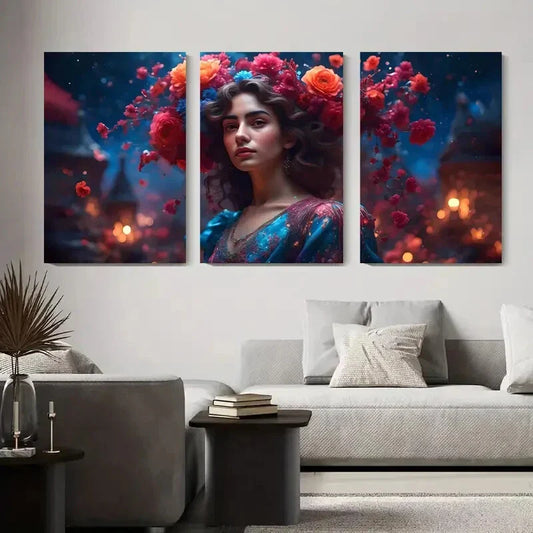 3pcs Ethereal Floral Crowned Woman Metal Print Ready to Hang Art