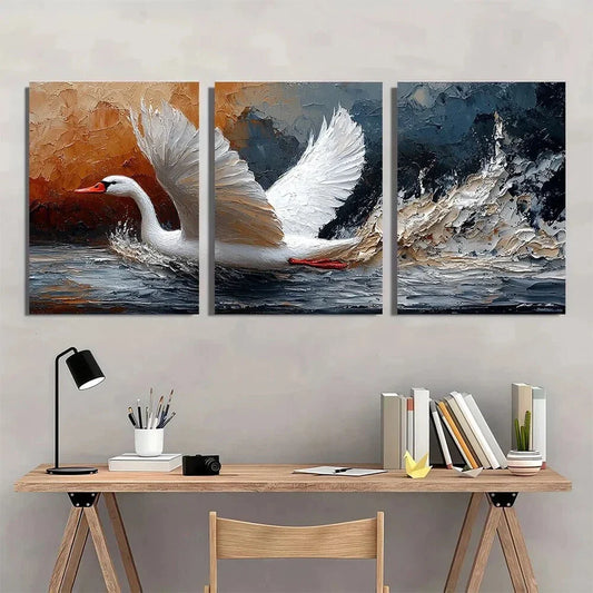 3pcs Swan Oil Painting Farmhouse Style Metal Print Ready to Hang Art