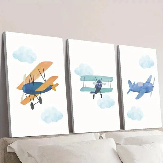 3pcs Blue & Green Cartoon Plane Prints Wall Art Set Canvas Framed 40x60cm - High Quality Print 100% Australian Made Wall Canvas Ready to Hang