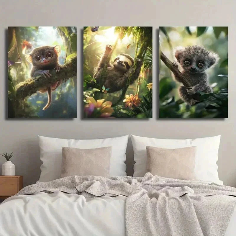 3pcs Adorable Tarsier & Sloth in Lush Greenery Wall Art Set Canvas Framed 40x60cm - High Quality Print 100% Australian Made Wall Canvas Ready to Hang