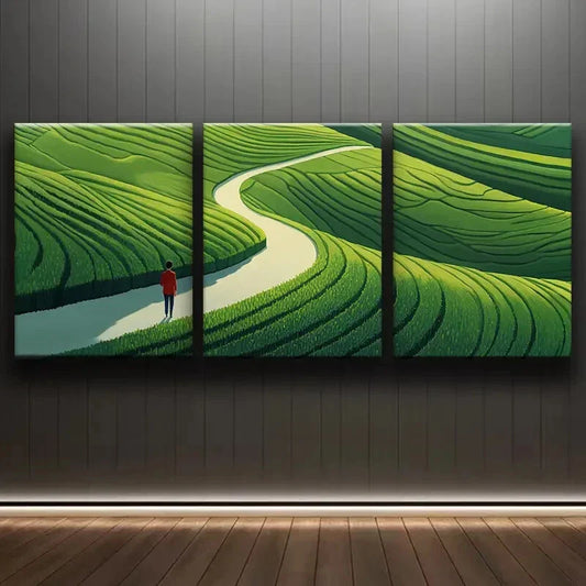 3pcs Triptych Green Landscape Rolled Nature Wall Art Set Canvas Framed 40x60cm - High Quality Print 100% Australian Made Wall Canvas Ready to Hang
