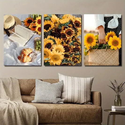 3pcs White Picnic Mat Vibrant Sunflowers Metal Print Ready to Hang Art