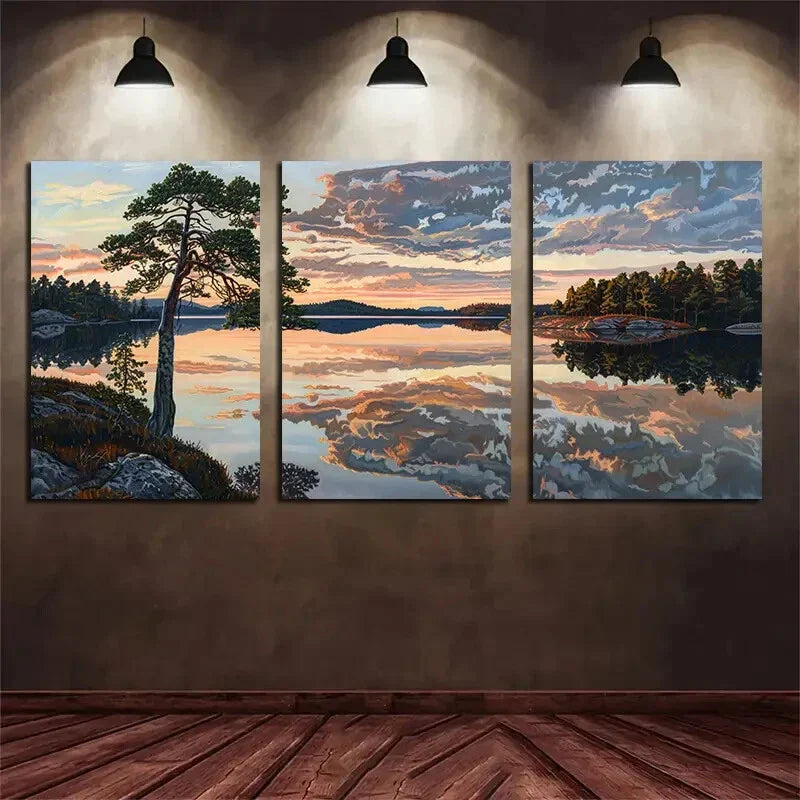3pcs Scenic Lake Sunset Black Clouds Metal Print Ready to Hang Art