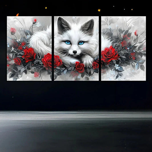 3pcs White Fox and Red Roses Stunning Blue Eyes Metal Print Ready to Hang Art