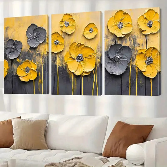 3pcs Abstract Modern Decorative Yellow Flowers Wall Art Set Canvas Framed 40x60cm - High Quality Print 100% Australian Made Wall Canvas Ready to Hang