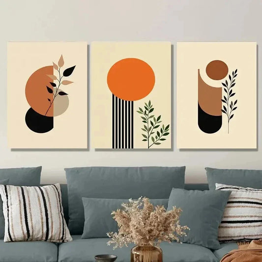 3pcs Minimalist Botanical Geometric Shapes Wall Art Set Canvas Framed 40x60cm - High Quality Print 100% Australian Made Wall Canvas Ready to Hang