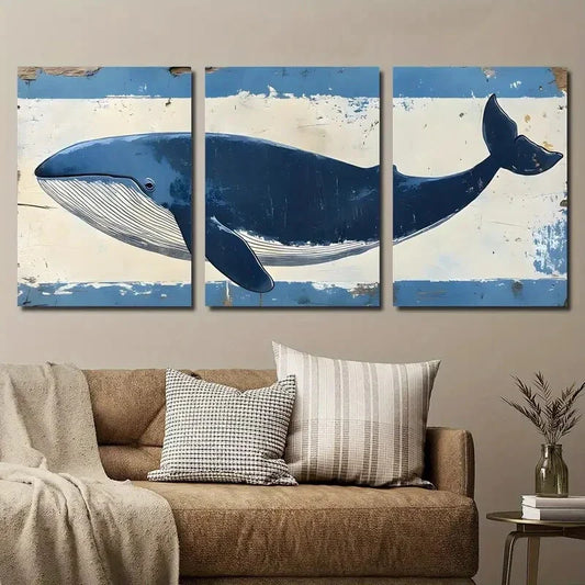 3pcs Woodcut Style Whale Nautical Vintage Blue Metal Print Ready to Hang Art