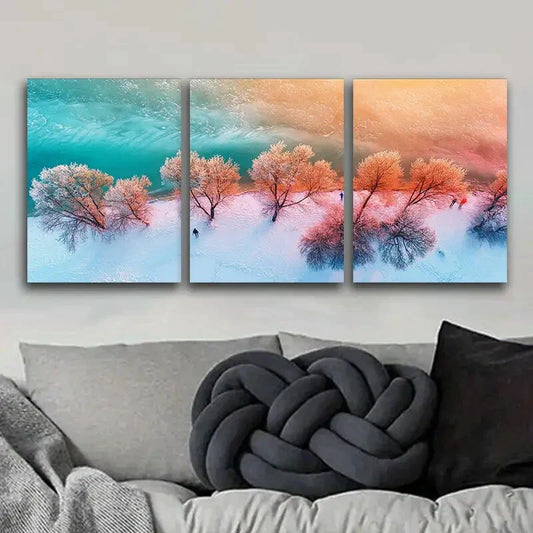3pcs Winter Beach Triptych Colorful Sky, Coastal Metal Print Ready to Hang Art