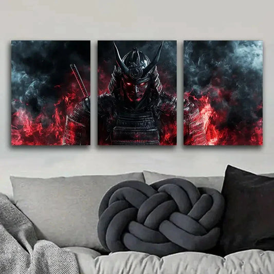3pcs A crimson warrior with black horns Metal Print Ready to Hang Art