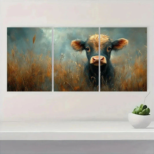 3pcs Charming Cow in Golden Wheat Field Vibrant Metal Print Ready to Hang Art