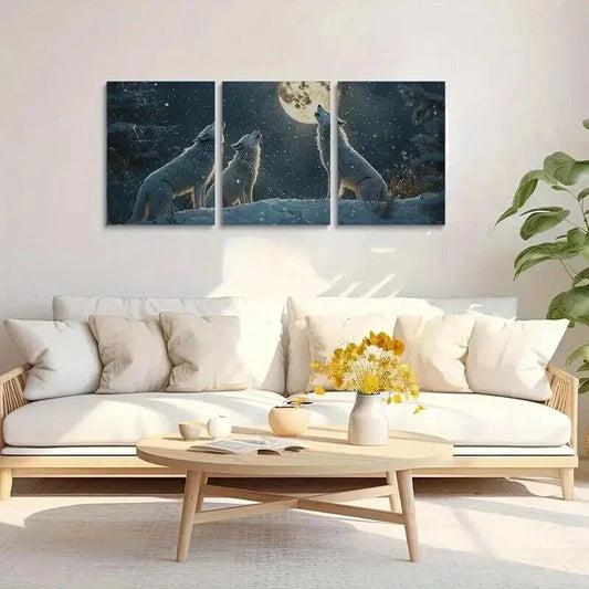 3pcs Wolves Howling at the White Moon Wall Art Set Canvas Framed 40x60cm - High Quality Print 100% Australian Made Wall Canvas Ready to Hang