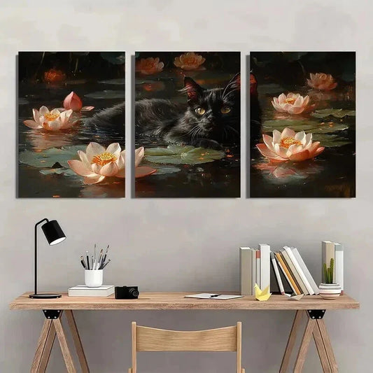 3pcs Black Cat Swimming in Lotus Pond Wall Art Set Canvas Framed 40x60cm - High Quality Print 100% Australian Made Wall Canvas Ready to Hang