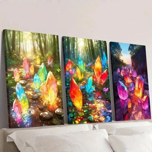 3pcs Colorful Magic Crystals in the Forest Wall Art Set Canvas Framed 40x60cm - High Quality Print 100% Australian Made Wall Canvas Ready to Hang