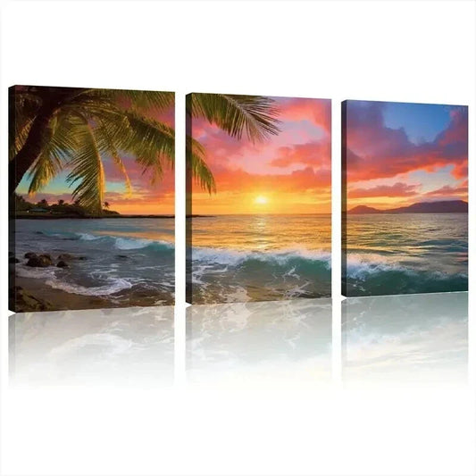 3pcs Sunset Ocean & Palm Trees Landscape Wall Art Set Canvas Framed 40x60cm - High Quality Print 100% Australian Made Wall Canvas Ready to Hang