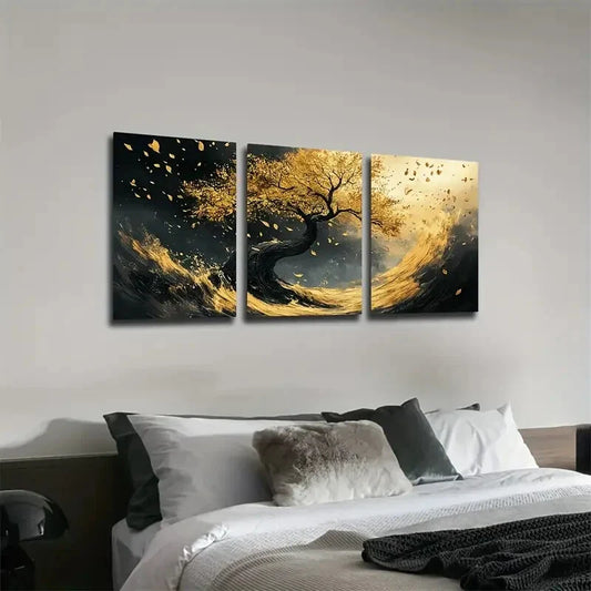 3pcs Noble Black and Golden Tree Wall Art Set Canvas Framed 40x60cm - High Quality Print 100% Australian Made Wall Canvas Ready to Hang