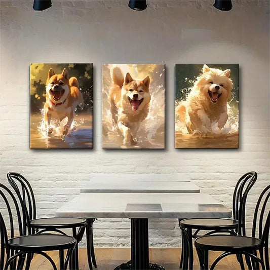 3pcs Playful Dogs Splashing in Water Perfect Wall Art Set Canvas Framed 40x60cm - High Quality Print 100% Australian Made Wall Canvas Ready to Hang