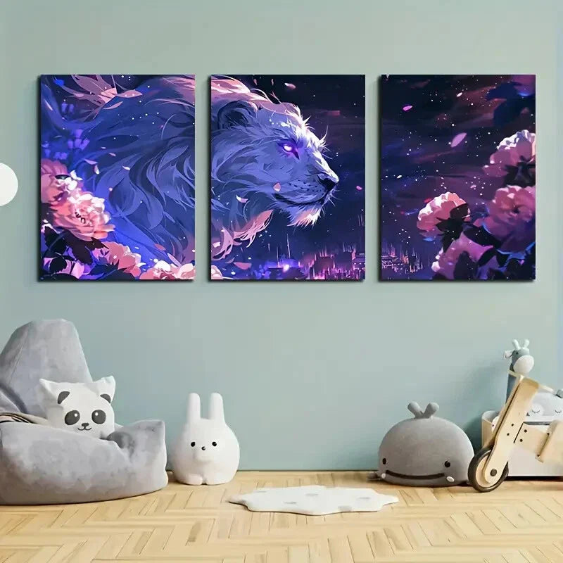 3pcs White Lion Glowing Eyes Fantasy Animal Metal Print Ready to Hang Art