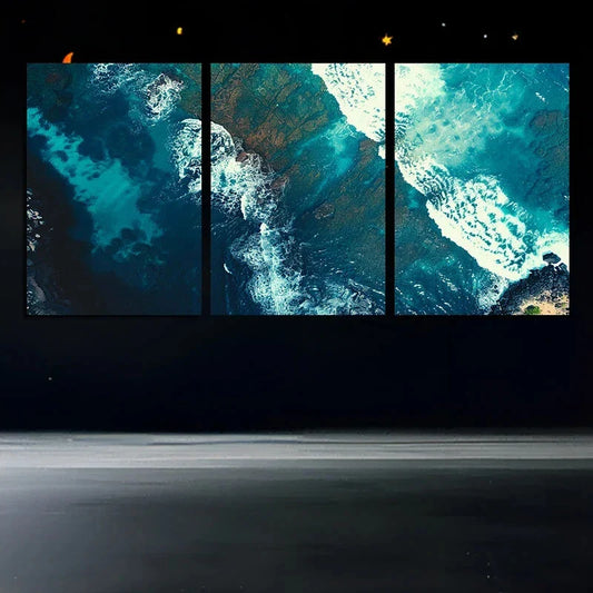 3pcs Rocky Coastline Blue & White Metal Print Ready to Hang Art