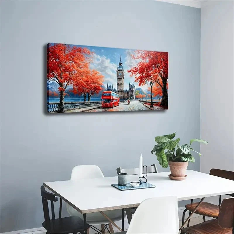 Red Bus On Red Maple Leaf Trail Wall Art Canvas Office Home Room Framed 120x60cm