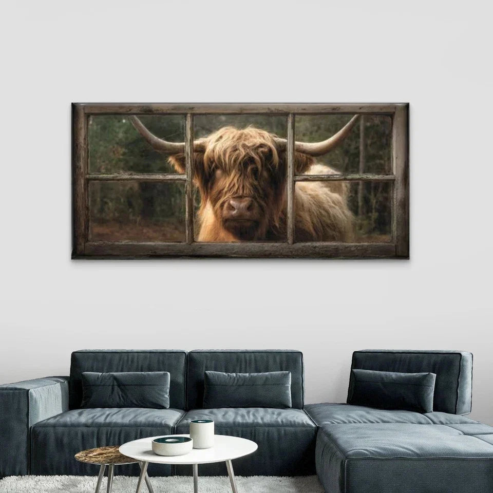 Highland Cow Scottish Cow Wall Art Canvas Office Home Room Framed 80x45cm