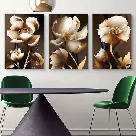 3pcs Golden & White Flowers Beautiful Metal Print Ready to Hang Art