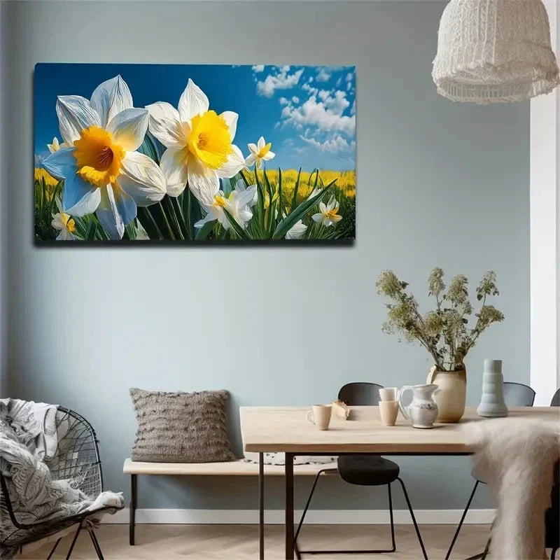 White & Golden Daffodil Flower Wall Art Canvas Office Home Room Framed 80x45cm