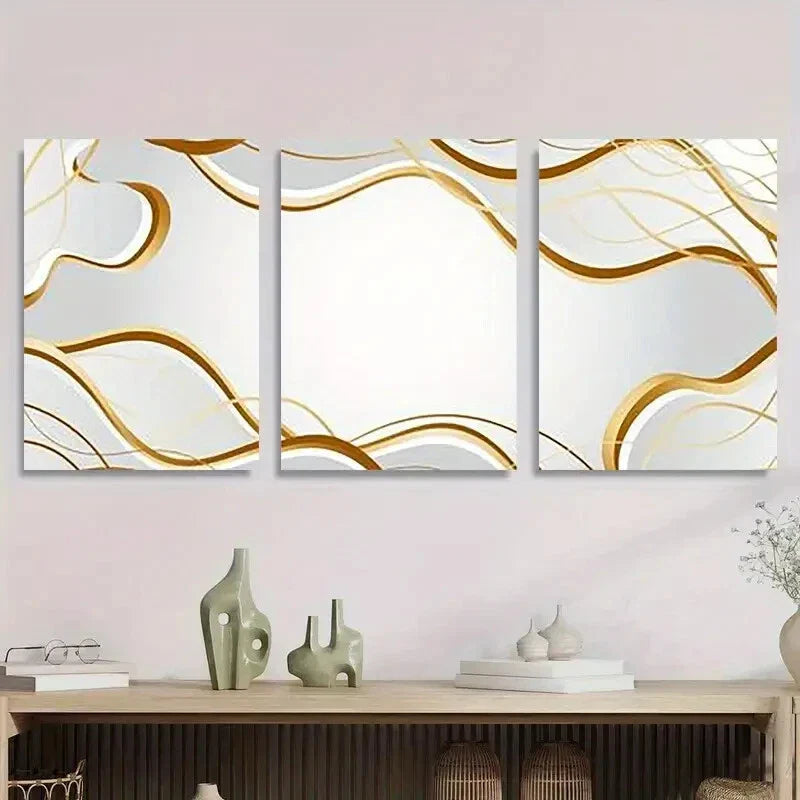 3pcs Modern Minimalist Abstract Golden and White Metal Print Ready to Hang Art