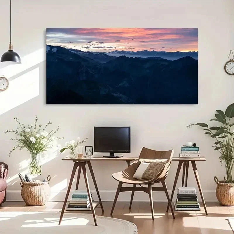 Sunset Over Snow-Capped Peaks Wall Art Canvas Office Home Room Framed 120x60cm