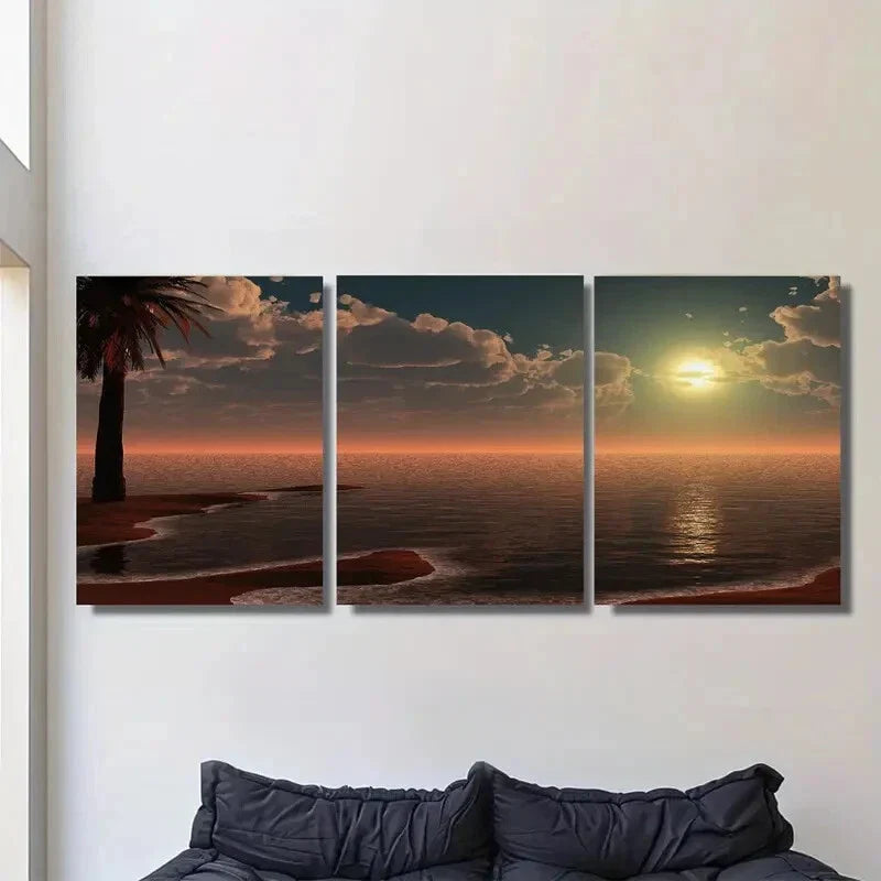 3pcs Sunset Beach Triptych Vibrant Orange & Brown Metal Print Ready to Hang Art