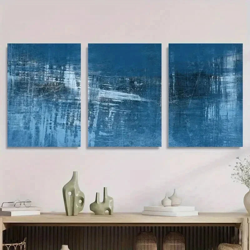 3pcs Modern Abstract Blue and Black Brushstroke Metal Print Ready to Hang Art
