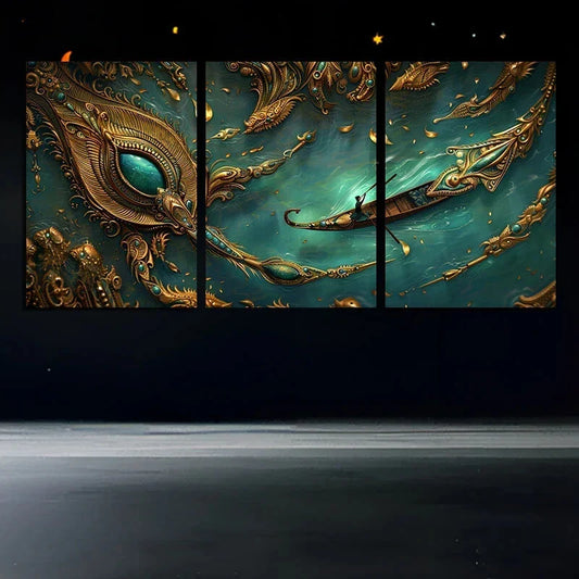 3pcs Feathers and Small boats Gold Metal Print Ready to Hang Art