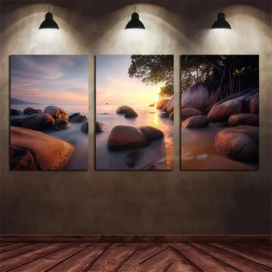 3pcs Peaceful Beauty Rocks and Mangroves Sunrise Metal Print Ready to Hang Art