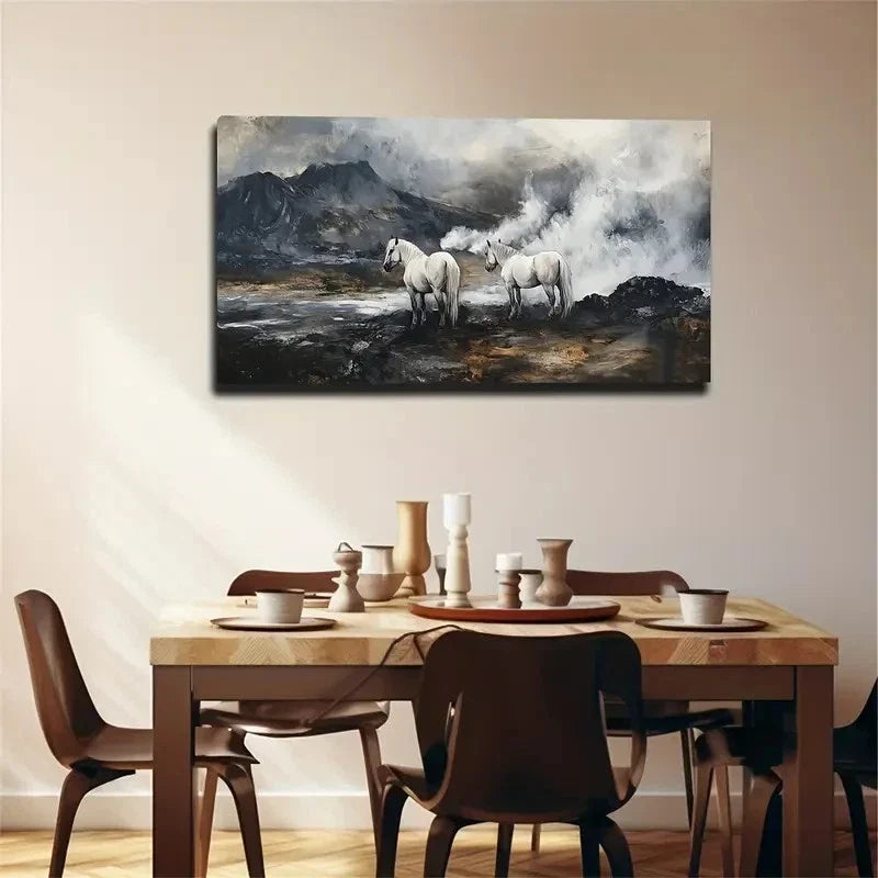 Majestic White Horses In Misty Wall Art canvas office home room framed 120x60cm