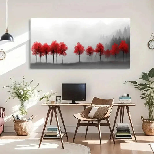 Mystical Foggy Forest Red Tree Wall Art Canvas Office Home Room Framed 120x60cm