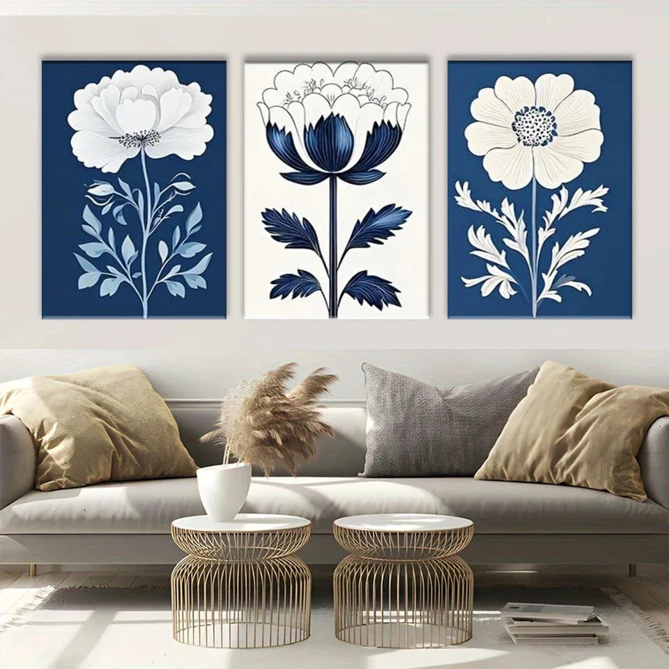 3pcs Blue Floral Colourful White Leaves Metal Print Ready to Hang Art