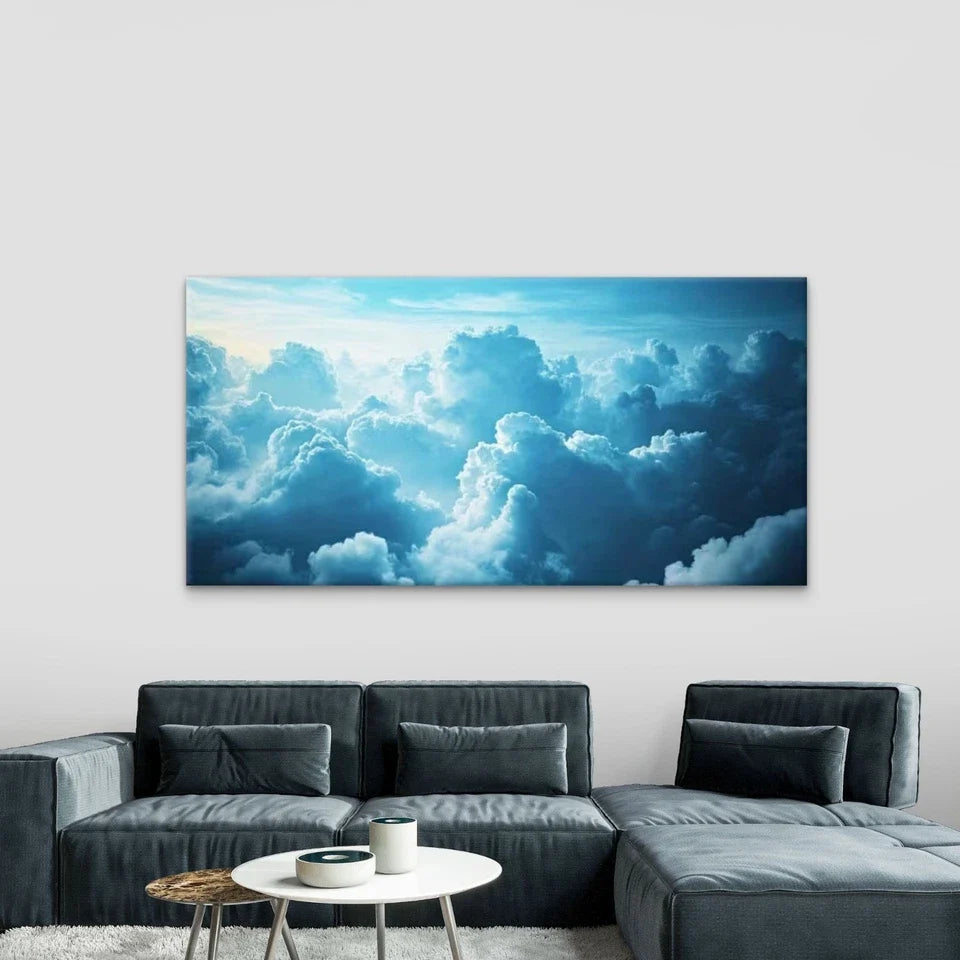 Blue & White Cloud Decor Wall Art Canvas Office Home Room Framed 80x45cm