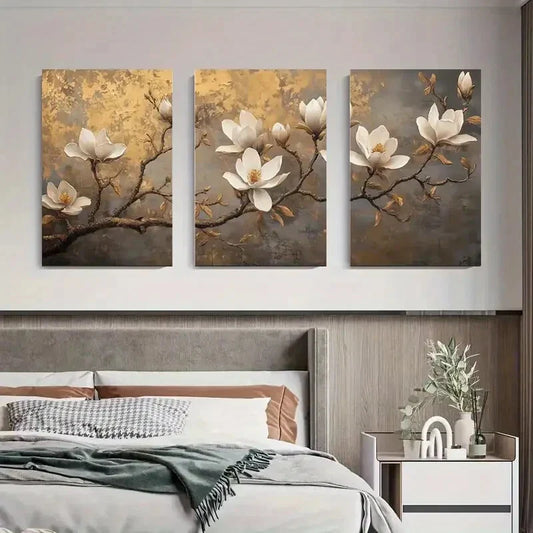 3pcs Elegant White Magnolia Flowers with Golden Metal Print Ready to Hang Art