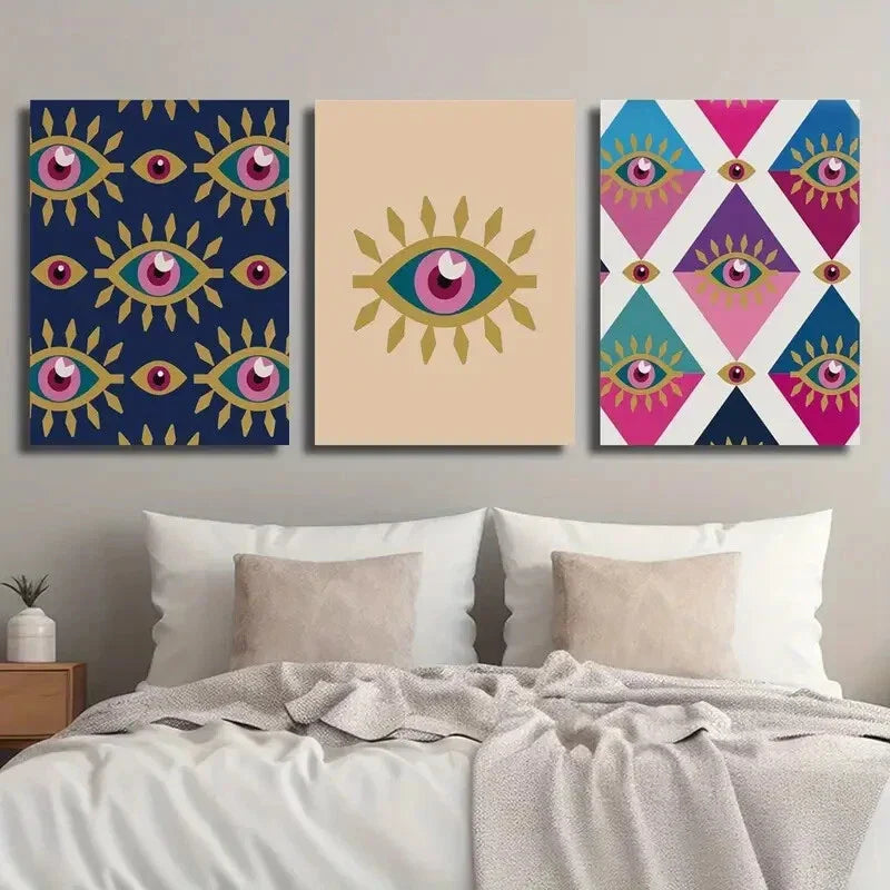 3pcs Colorful Evil Eye Mid Century Modern Metal Print Ready to Hang Art