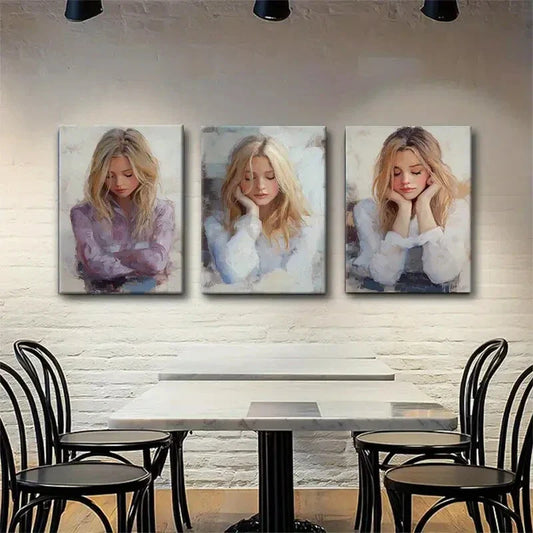 3pcs Thoughtful Young Woman Portraits Perfect Wall Art Set Canvas Framed 40x60cm - High Quality Print 100% Australian Made Wall Canvas Ready to Hang