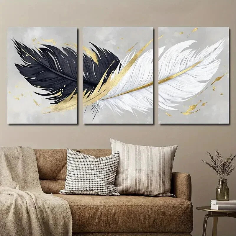 3pcs Abstract Black And White Golden Feather Wall Art Set Canvas Framed 40x60cm - High Quality Print 100% Australian Made Wall Canvas Ready to Hang