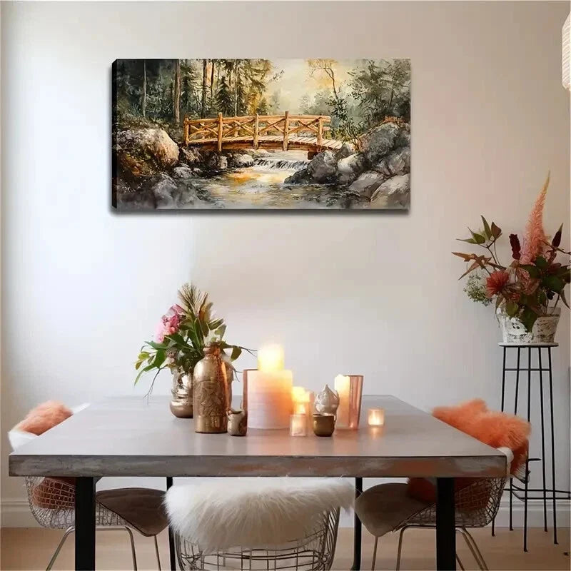 Retro Forest Wooden Bridge Wall Art Canvas Office Home Room Framed 120x60cm