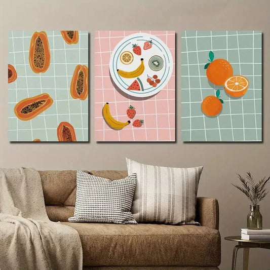 3pcs Papaya and Orange Fruit Plate Vintage Metal Print Ready to Hang Art
