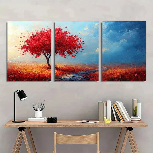 3pcs Abstract Colorful Modern Red Trees River Metal Print Ready to Hang Art