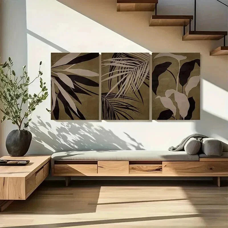 3pcs Abstract Brown Tropical Leaf Print Wall Art Set Canvas Framed 40x60cm - High Quality Print 100% Australian Made Wall Canvas Ready to Hang