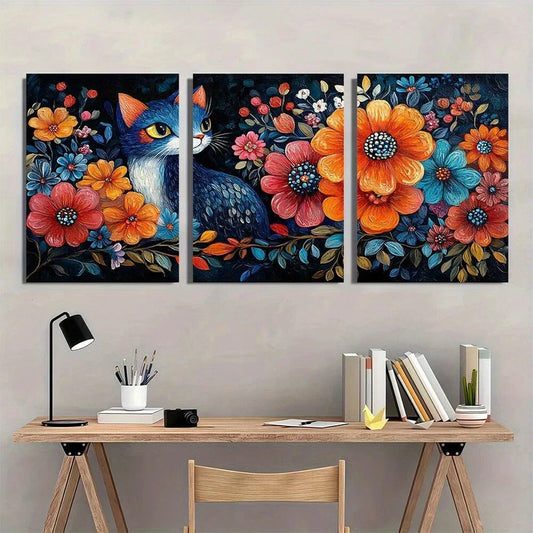 3pcs Whimsical Master of Feline Animals Metal Print Ready to Hang Art